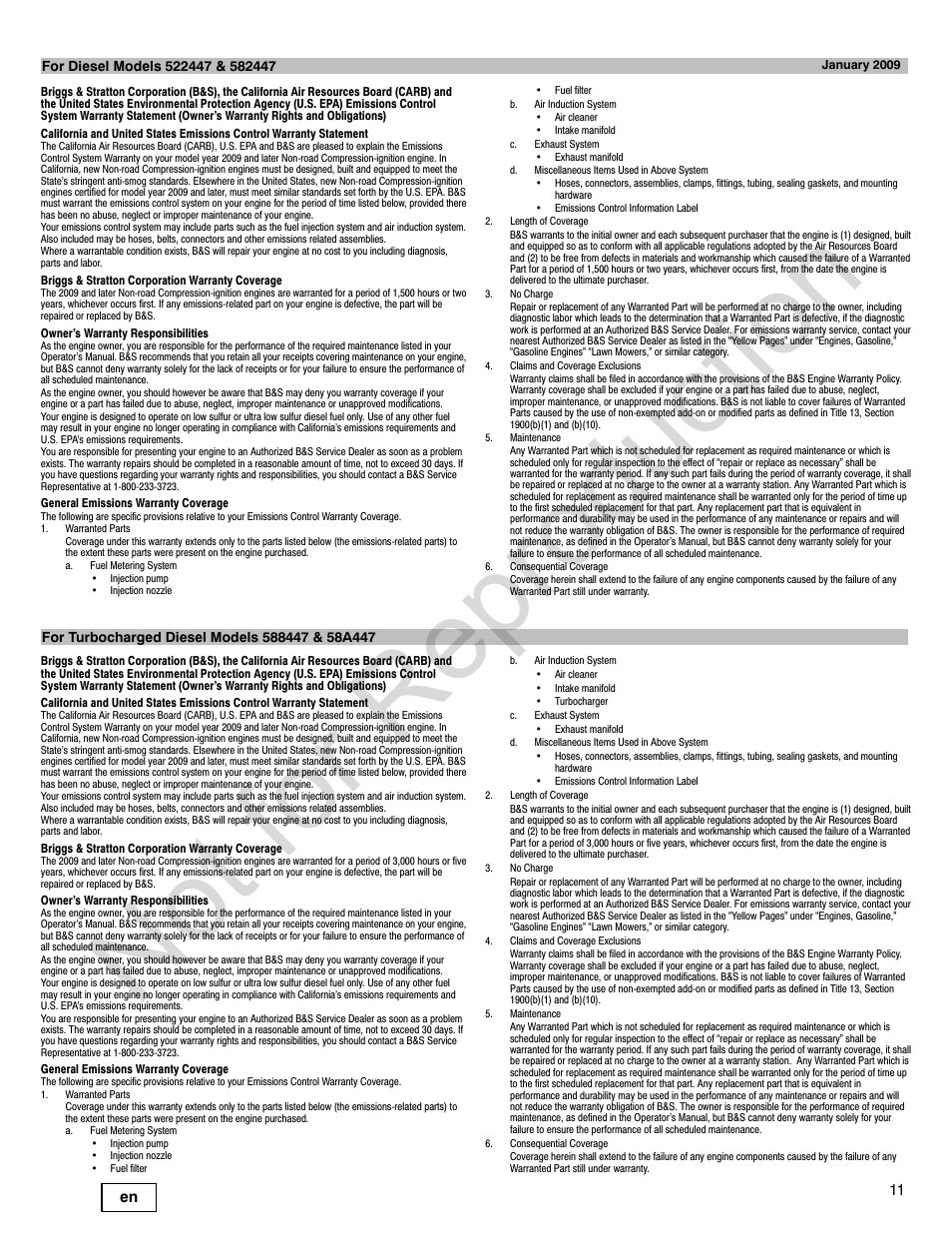 Not for reproduction, 11 en | Briggs & Stratton 277110TRI User Manual | Page 11 / 28