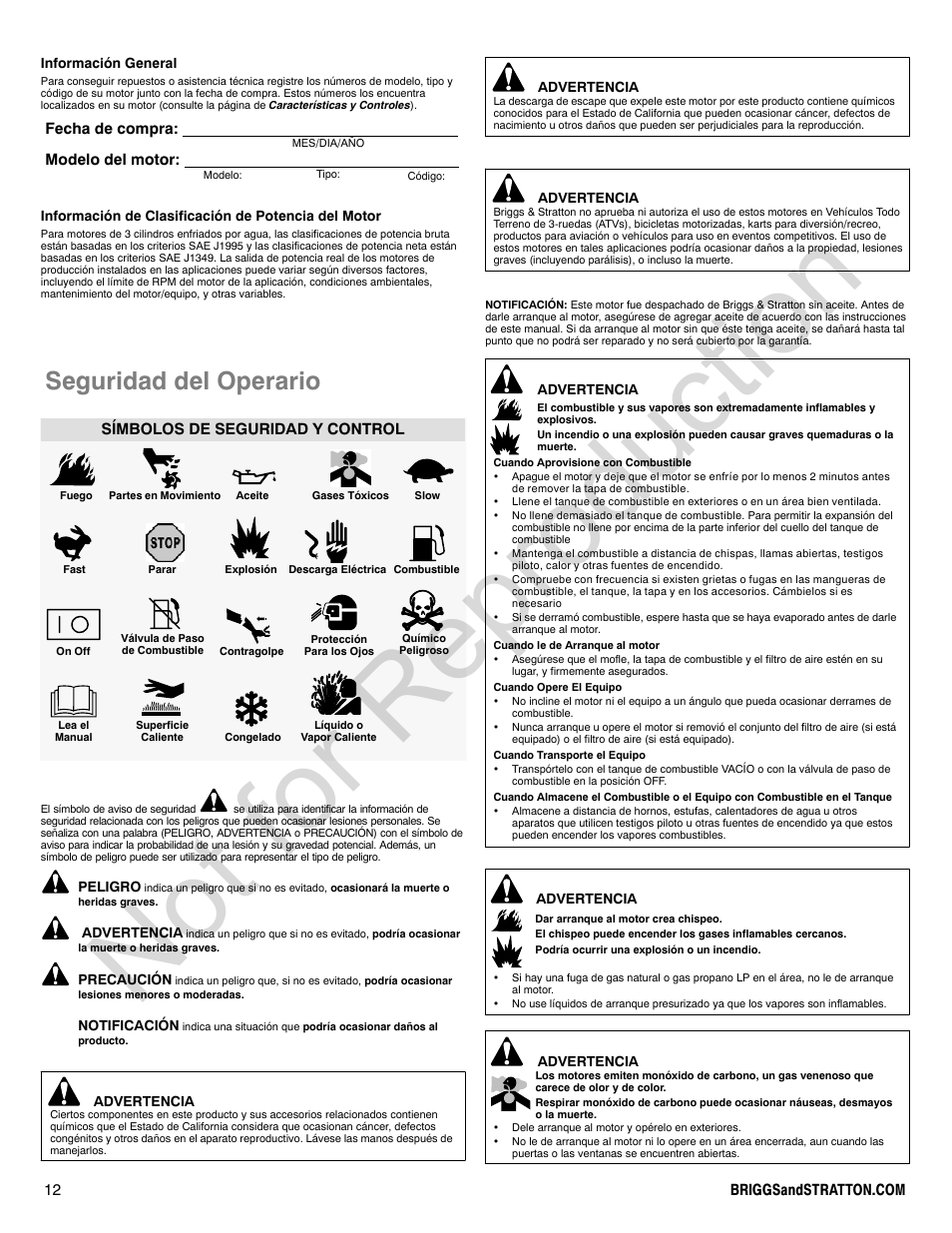 Not for reproduction, Seguridad del operario, Fecha de compra: modelo del motor | Símbolos de seguridad y control | Briggs & Stratton 277110TRI User Manual | Page 12 / 28