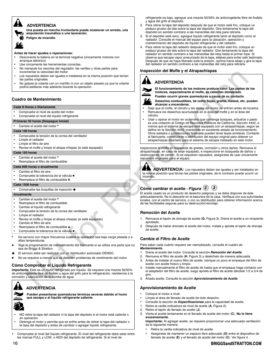 Not for reproduction | Briggs & Stratton 277110TRI User Manual | Page 16 / 28