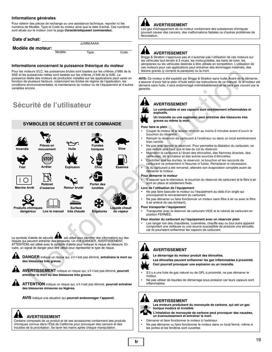 Not for reproduction, Sécurité de l’utilisateur, 19 fr | Date d’achat: modèle de moteur, Symboles de sécurité et de commande | Briggs & Stratton 277110TRI User Manual | Page 19 / 28