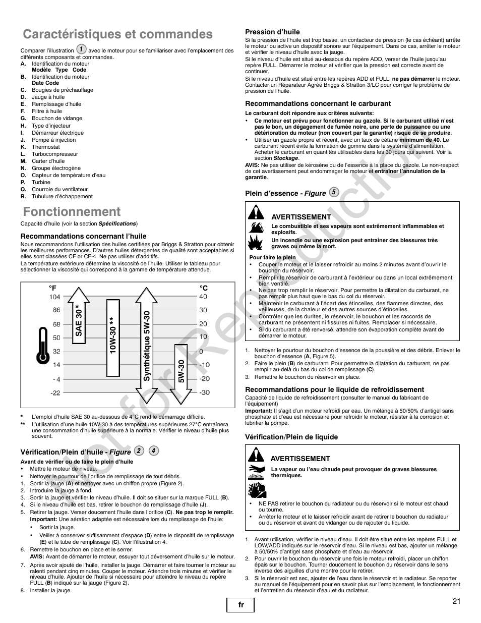 Not for reproduction, Caractéristiques et commandes, Fonctionnement | Briggs & Stratton 277110TRI User Manual | Page 21 / 28
