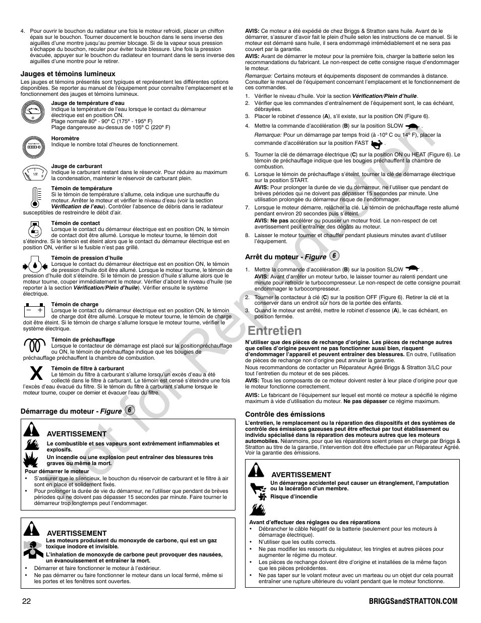 Not for reproduction, Entretien | Briggs & Stratton 277110TRI User Manual | Page 22 / 28