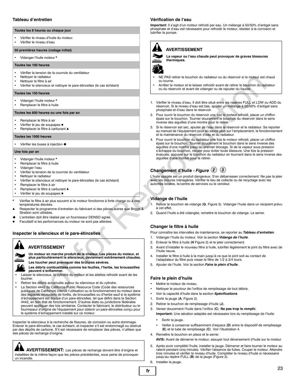 Not for reproduction, 23 fr | Briggs & Stratton 277110TRI User Manual | Page 23 / 28