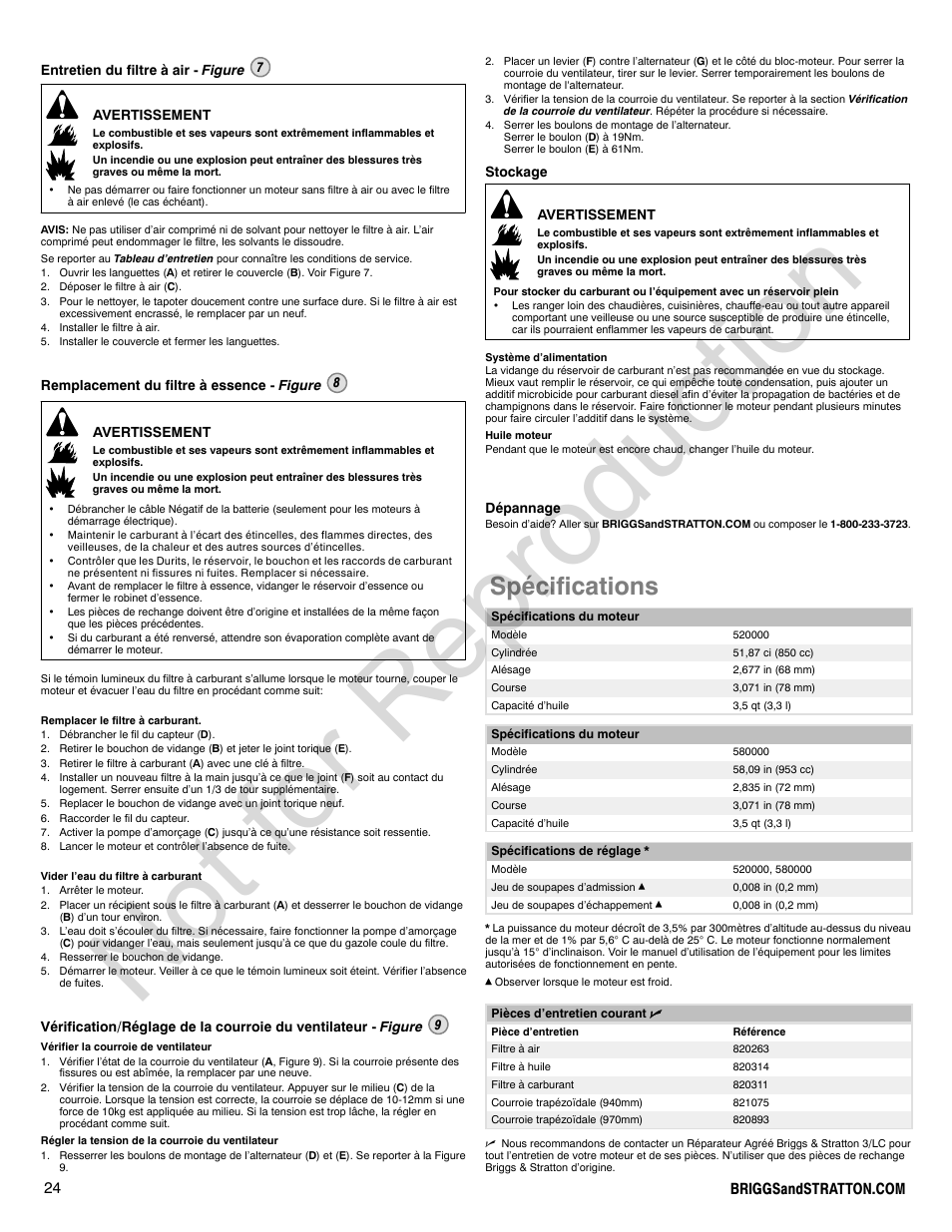 Not for reproduction, Spécifications | Briggs & Stratton 277110TRI User Manual | Page 24 / 28