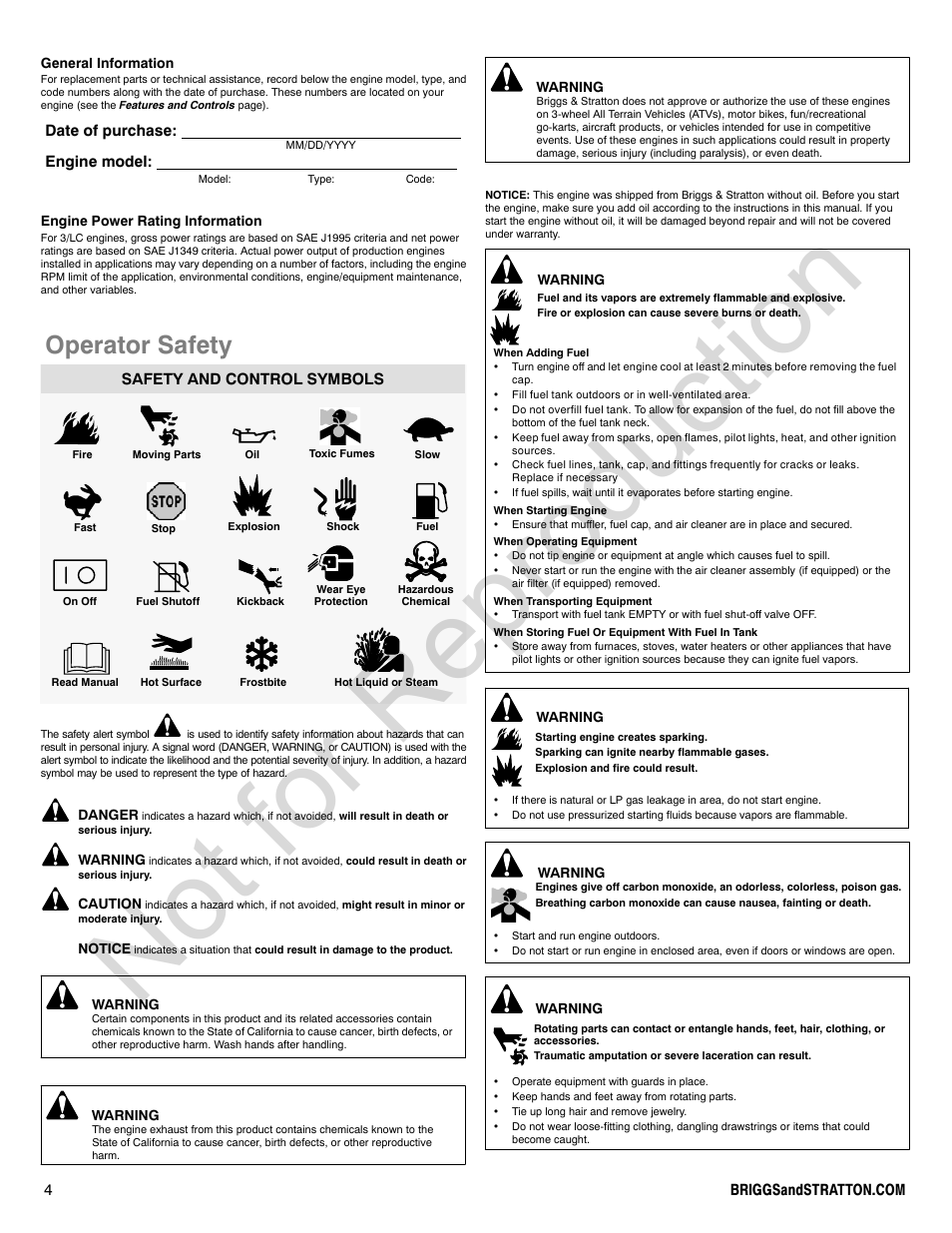 Not for reproduction, Operator safety, Date of purchase: engine model | Safety and control symbols | Briggs & Stratton 277110TRI User Manual | Page 4 / 28