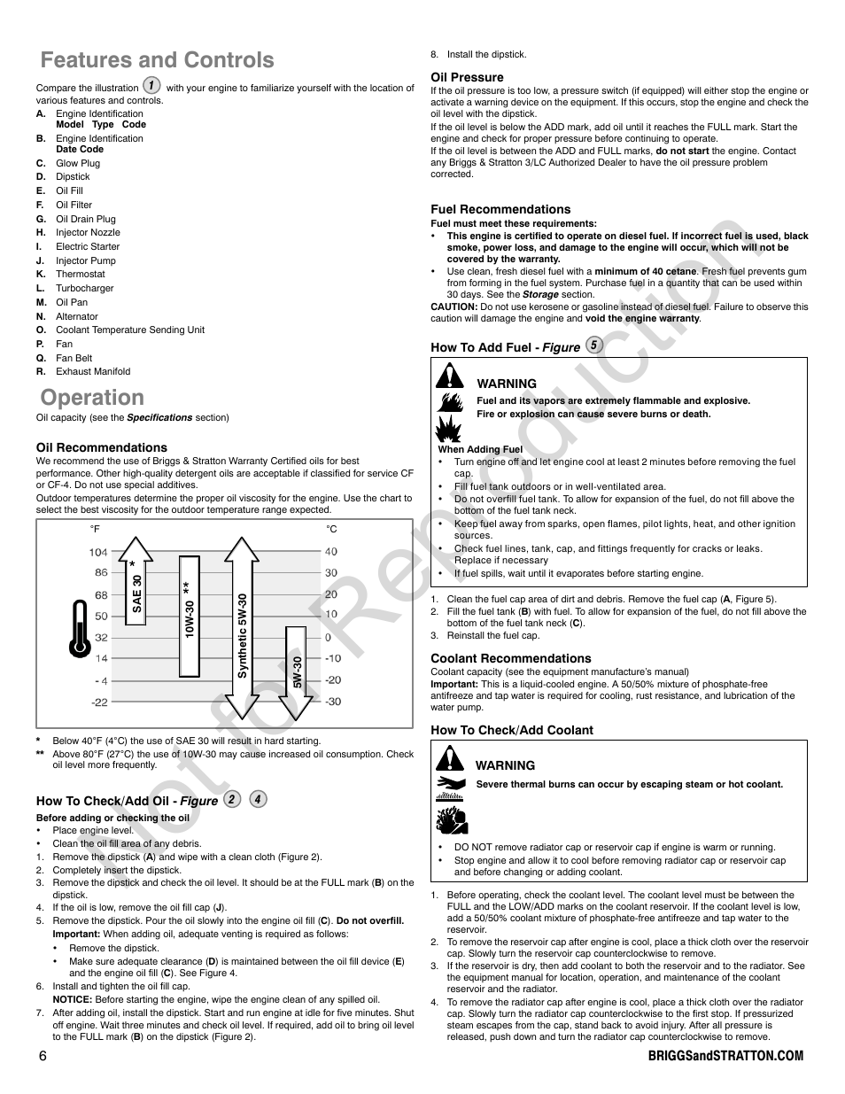 Not for reproduction, Features and controls, Operation | Briggs & Stratton 277110TRI User Manual | Page 6 / 28