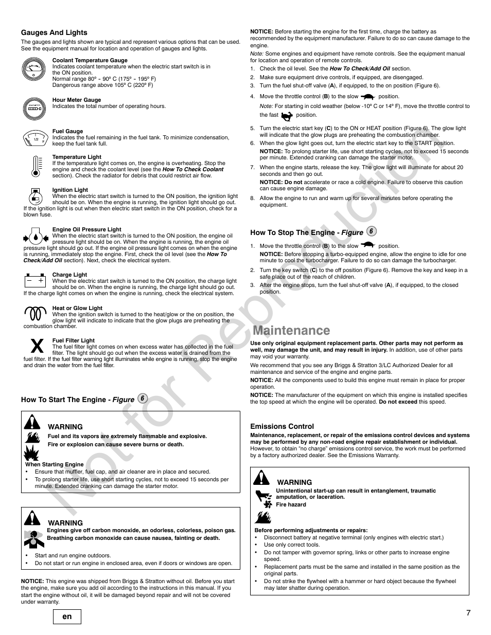Not for reproduction, Maintenance | Briggs & Stratton 277110TRI User Manual | Page 7 / 28