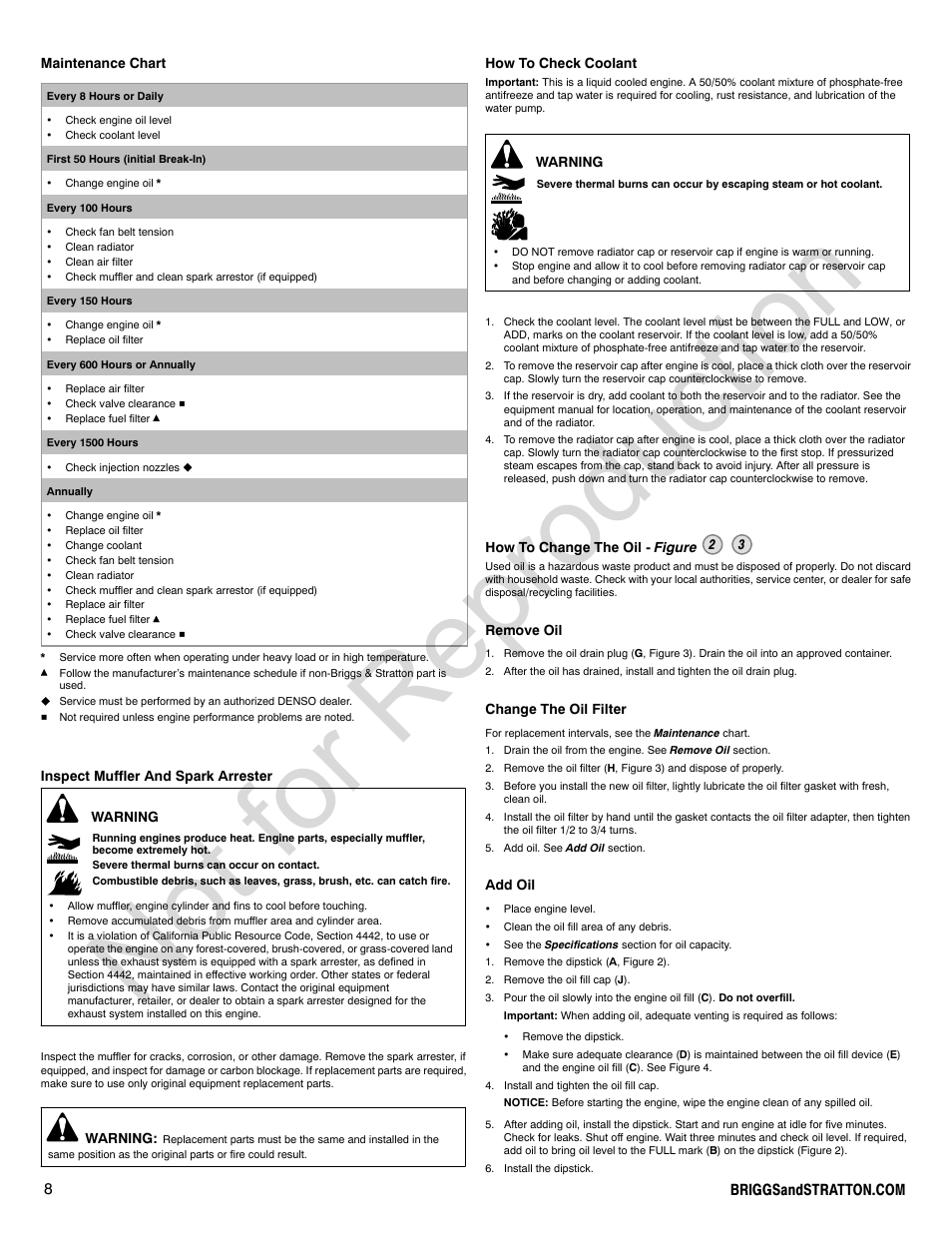 Not for reproduction | Briggs & Stratton 277110TRI User Manual | Page 8 / 28