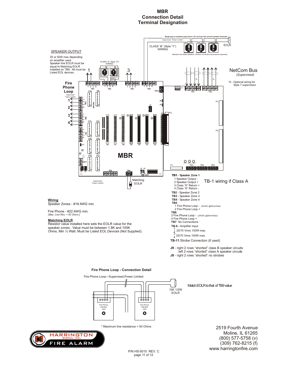 Mbr connection detail terminal designation, Netcom bus, Tb-1 wiring if class a | Match eolr to that of tb9 value, Fire phone loop, Fire phone loop - connection detail, Speaker output | Harrington Signal HAVED-MP User Manual | Page 11 / 12