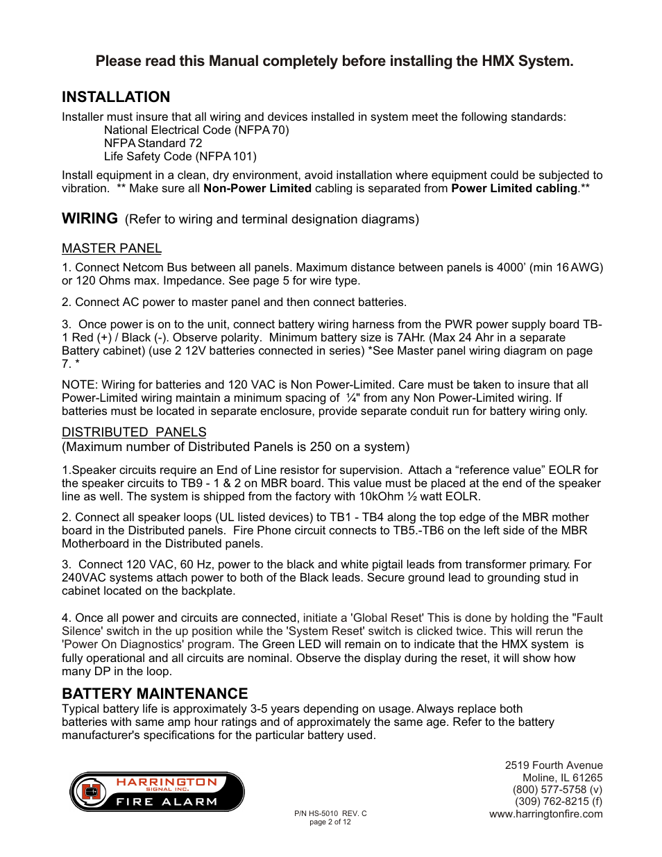 Installation, Wiring, Battery maintenance | Harrington Signal HAVED-MP User Manual | Page 2 / 12