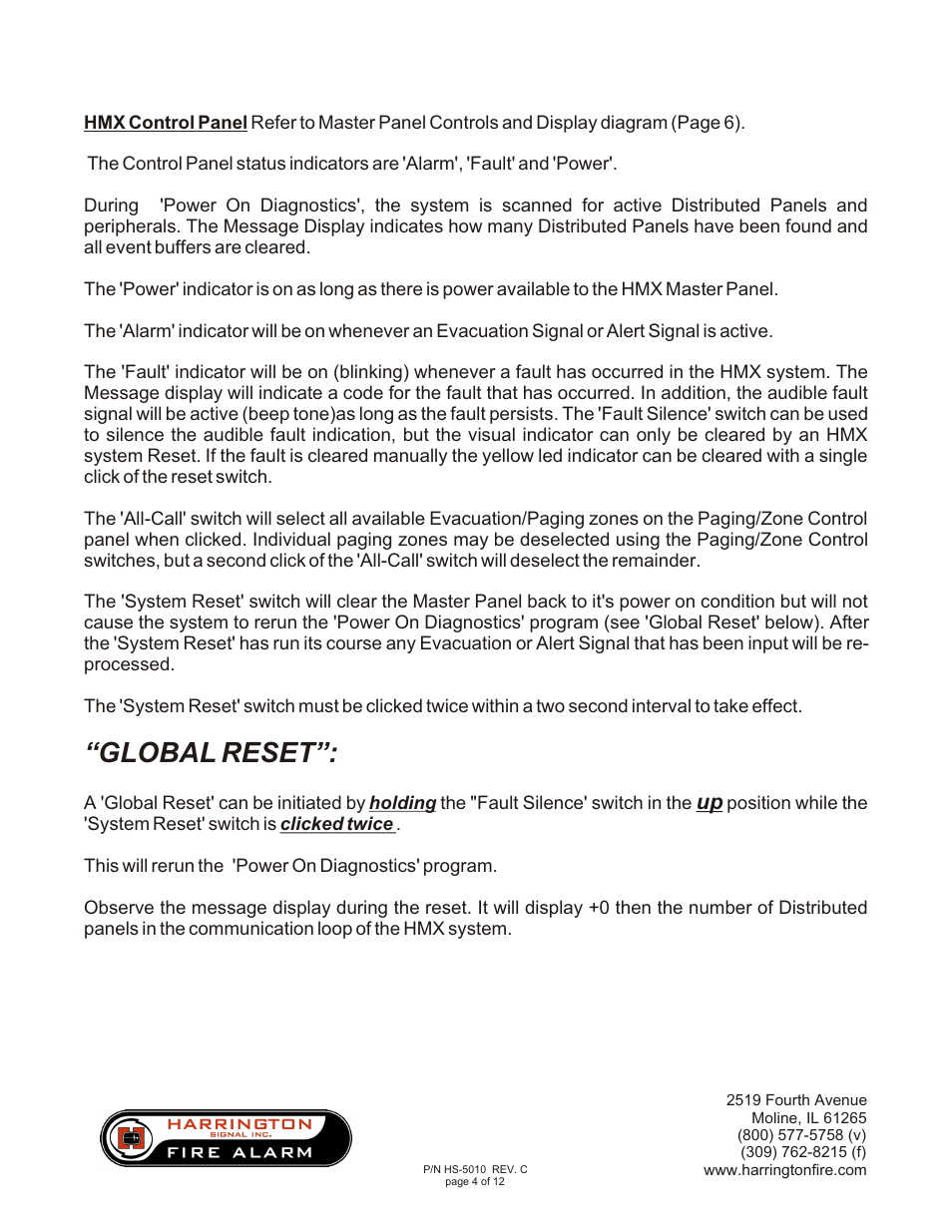 Global reset | Harrington Signal HAVED-MP User Manual | Page 4 / 12