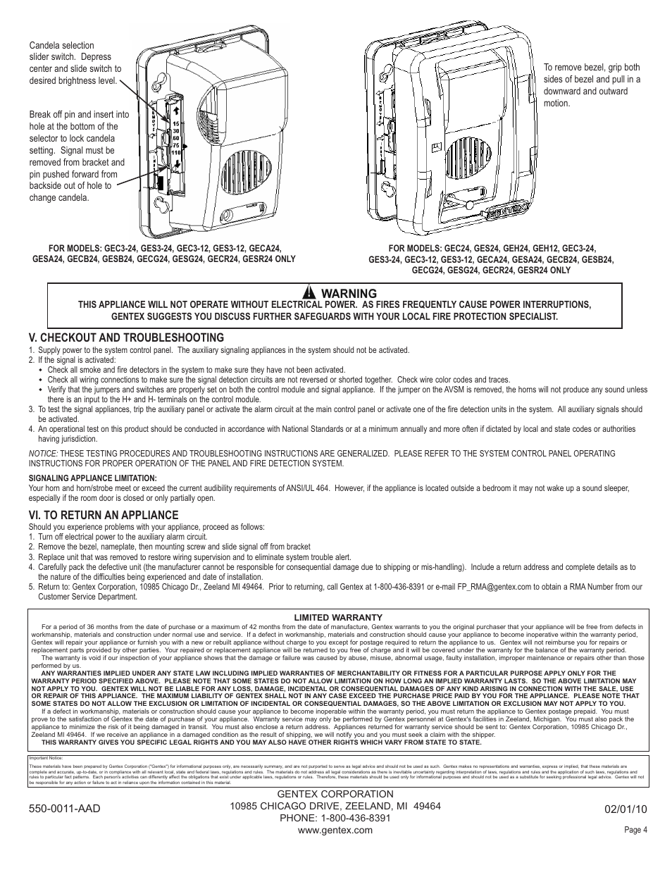 V. checkout and troubleshooting, Vi. to return an appliance | Harrington Signal WHS User Manual | Page 4 / 4