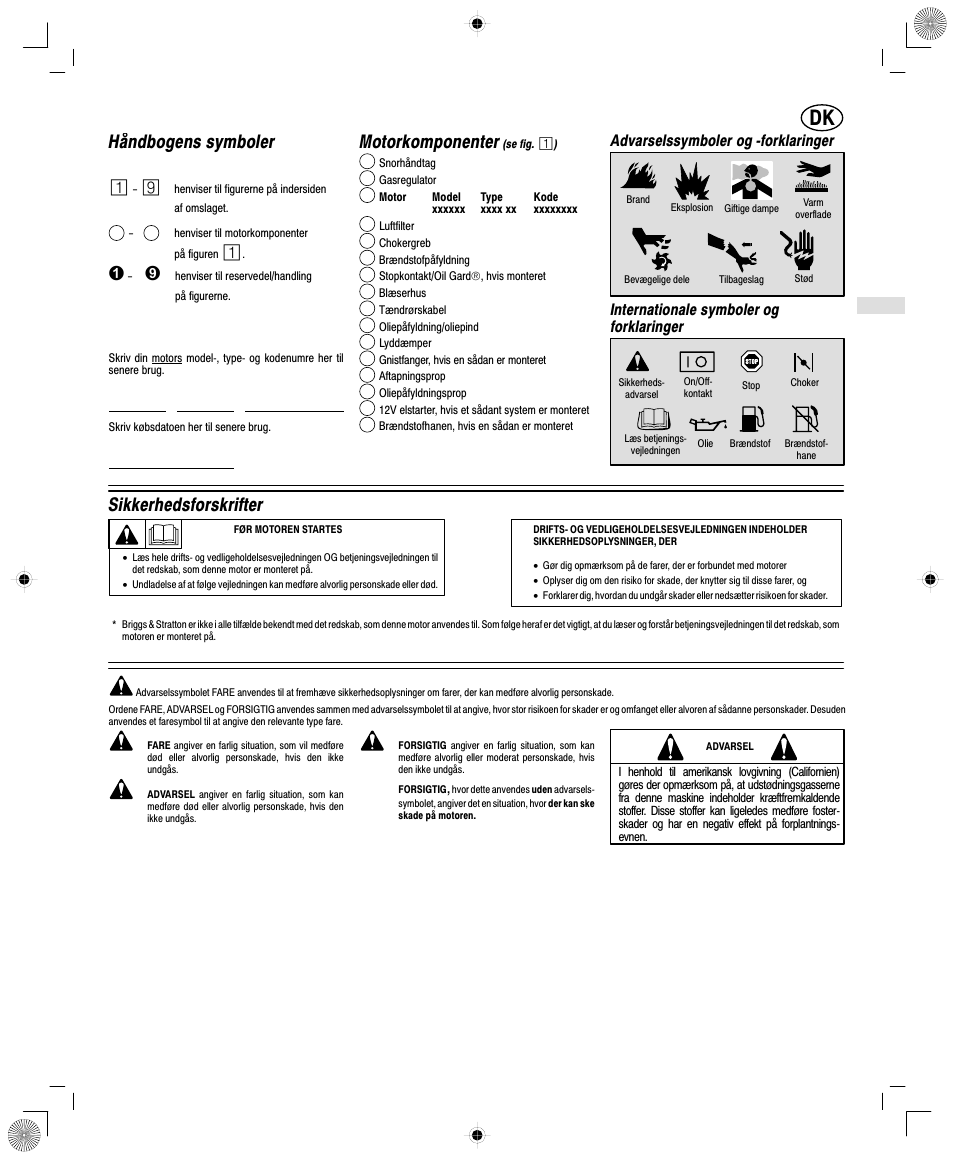 Håndbogens symboler, Motorkomponenter, Sikkerhedsforskrifter | Advarselssymboler og ćforklaringer, Internationale symboler og forklaringer | Briggs & Stratton 250400 User Manual | Page 15 / 76