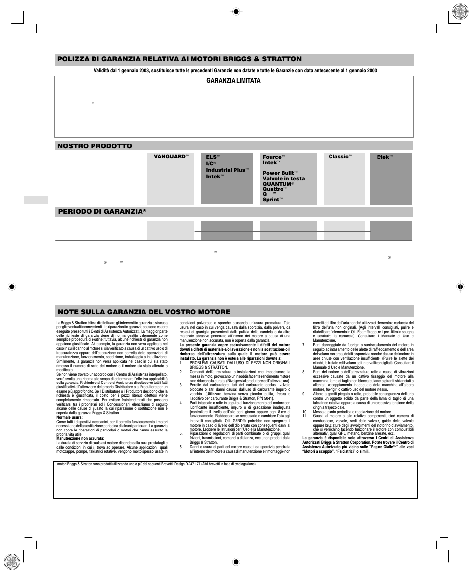 Garanzia limitata, Nostro prodotto periodo di garanzia | Briggs & Stratton 250400 User Manual | Page 44 / 76