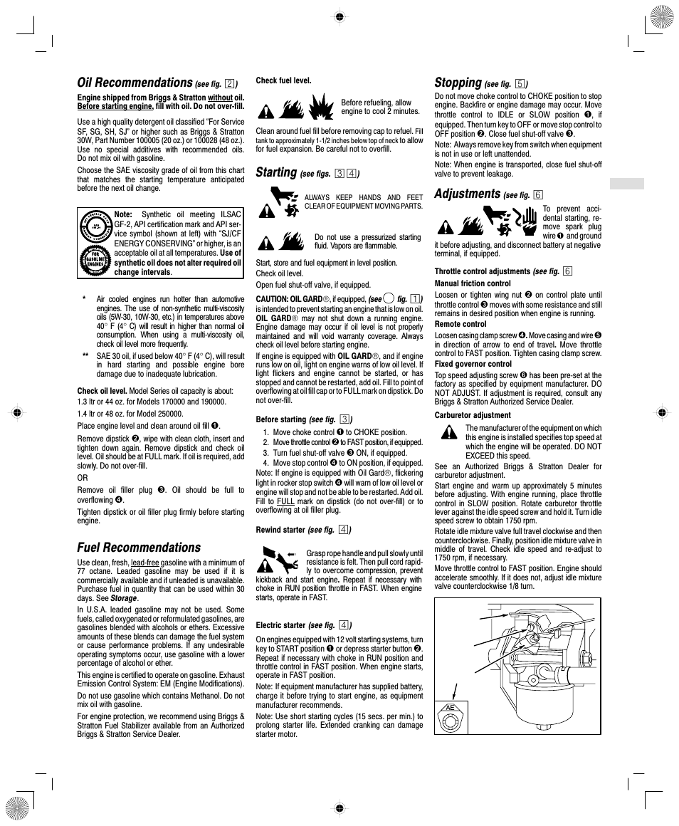 Oil recommendations, Fuel recommendations, Starting | Stopping, Adjustments | Briggs & Stratton 250400 User Manual | Page 5 / 76