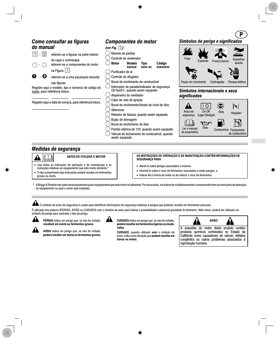 Como consultar as figuras do manual, Componentes do motor, Medidas de segurança | Símbolos de perigo e significados, Símbolos internacionais e seus significados | Briggs & Stratton 250400 User Manual | Page 57 / 76