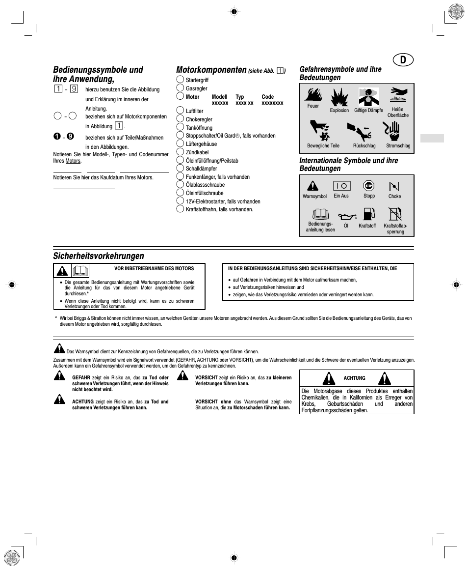 Bedienungssymbole und ihre anwendung, Motorkomponenten, Sicherheitsvorkehrungen | Gefahrensymbole und ihre bedeutungen, Internationale symbole und ihre bedeutungen | Briggs & Stratton 250400 User Manual | Page 9 / 76