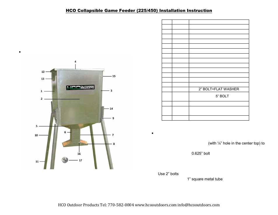HCO Collapsible Game Feeder User Manual | 2 pages