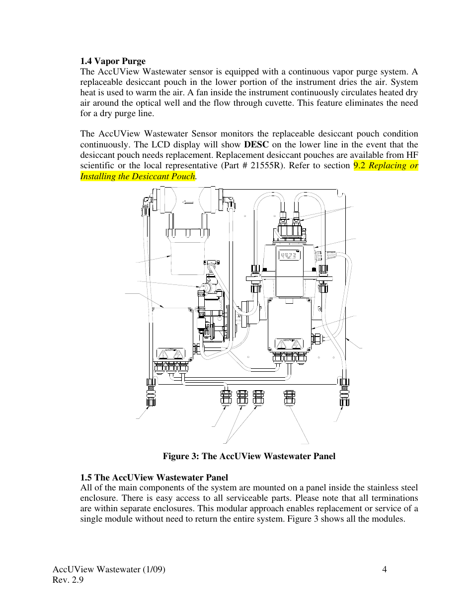 4 vapor purge, 5 the accuview wastewater panel, 0 safety | HF scientific AccUView Wastewater UV %Transmission Monitor User Manual | Page 10 / 39