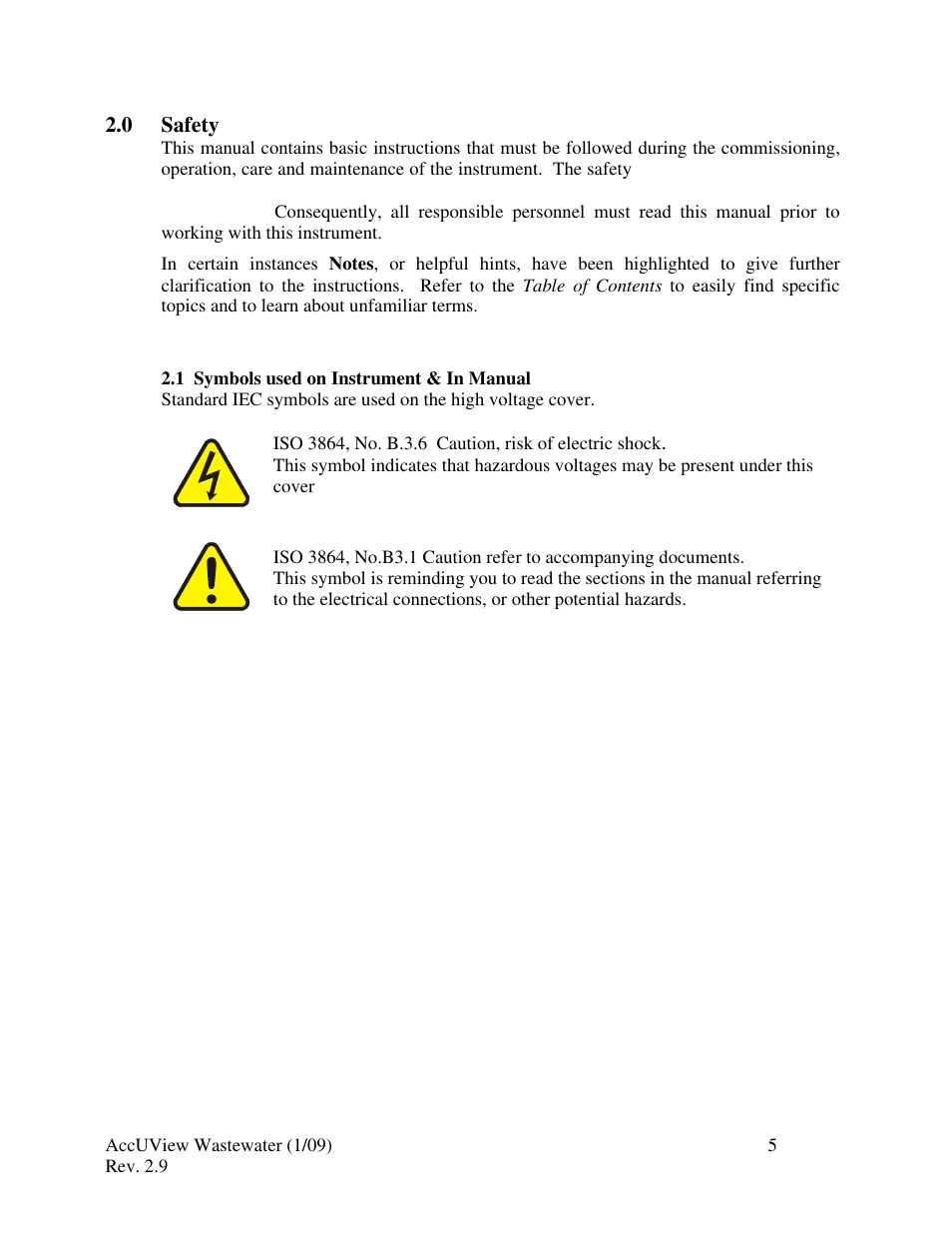 1 symbols used on instrument & in manual | HF scientific AccUView Wastewater UV %Transmission Monitor User Manual | Page 11 / 39