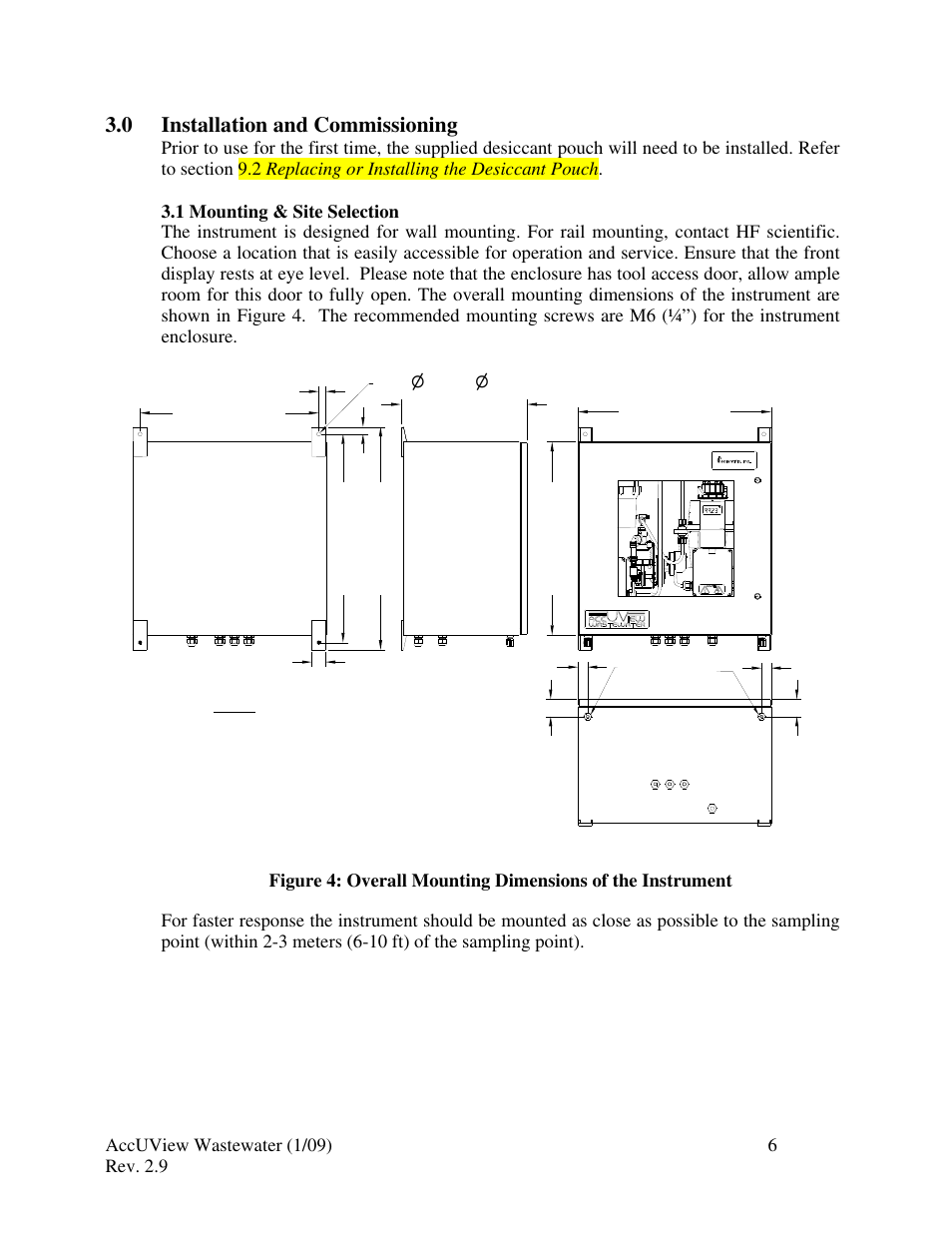 0 installation & commissioning, 1 mounting & site selection, 0 installation and commissioning | HF scientific AccUView Wastewater UV %Transmission Monitor User Manual | Page 12 / 39