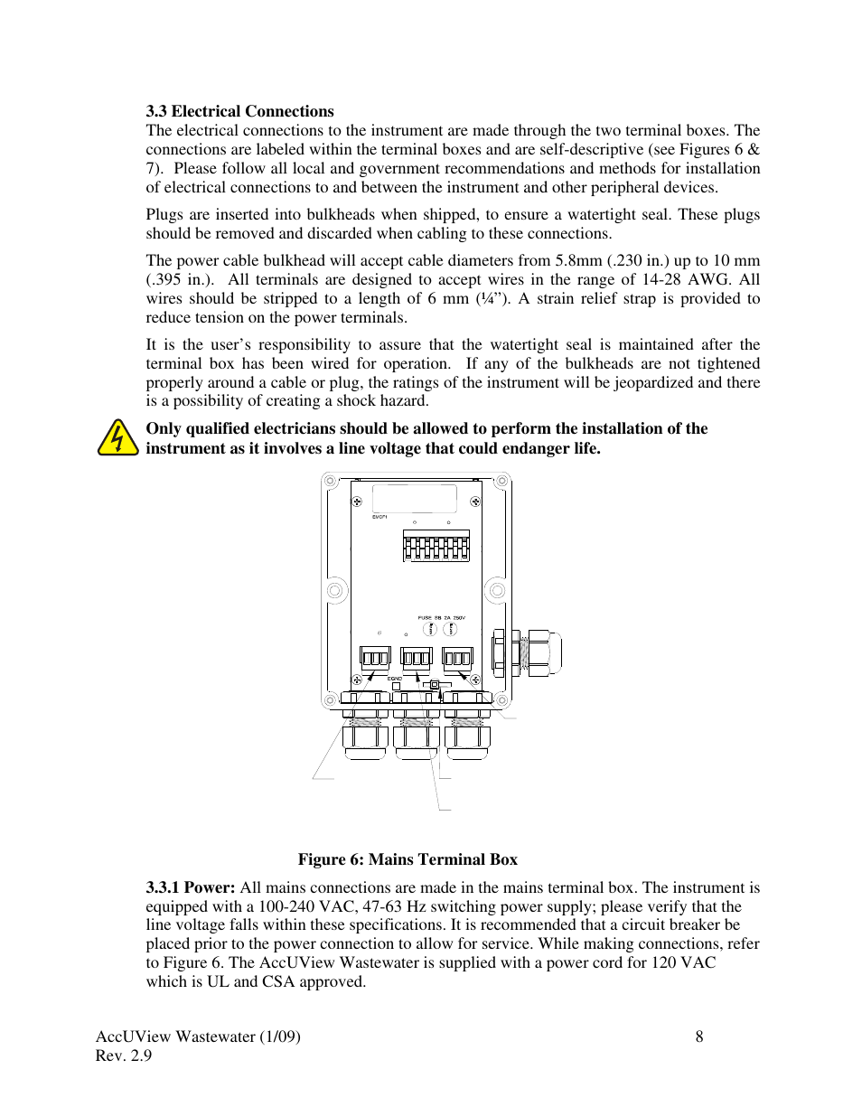 3 electrical connections, 1 power | HF scientific AccUView Wastewater UV %Transmission Monitor User Manual | Page 14 / 39