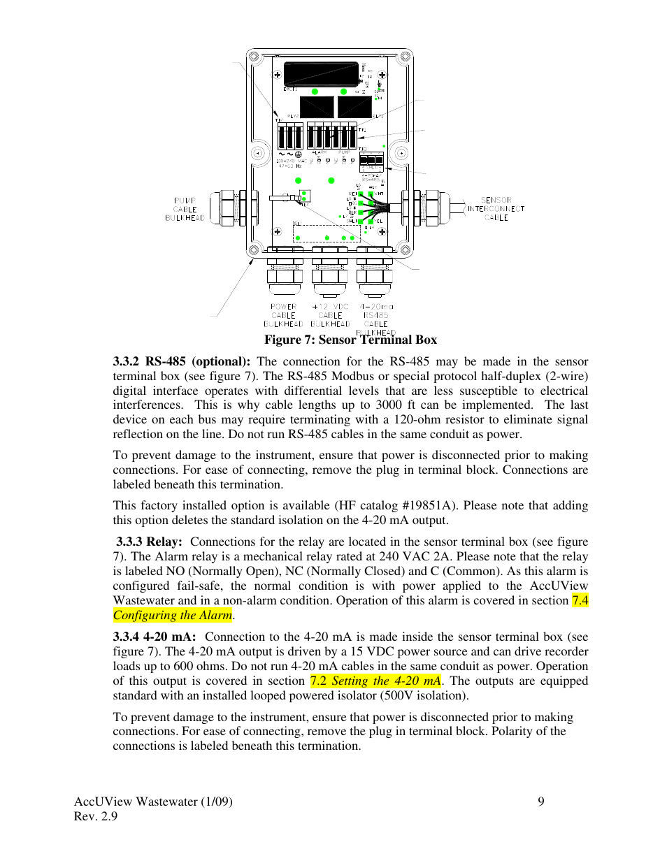 2 rs-485 (optional), 3 relay, 4 4-20 ma | HF scientific AccUView Wastewater UV %Transmission Monitor User Manual | Page 15 / 39