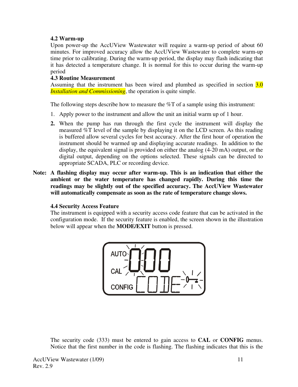 2 warm-up, 3 routine measurement, 4 security access feature | HF scientific AccUView Wastewater UV %Transmission Monitor User Manual | Page 17 / 39