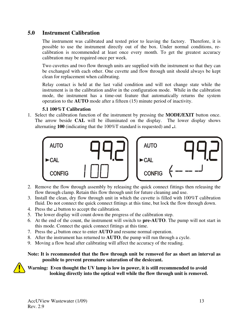 0 instrument calibration, 1 100% t calibration | HF scientific AccUView Wastewater UV %Transmission Monitor User Manual | Page 19 / 39