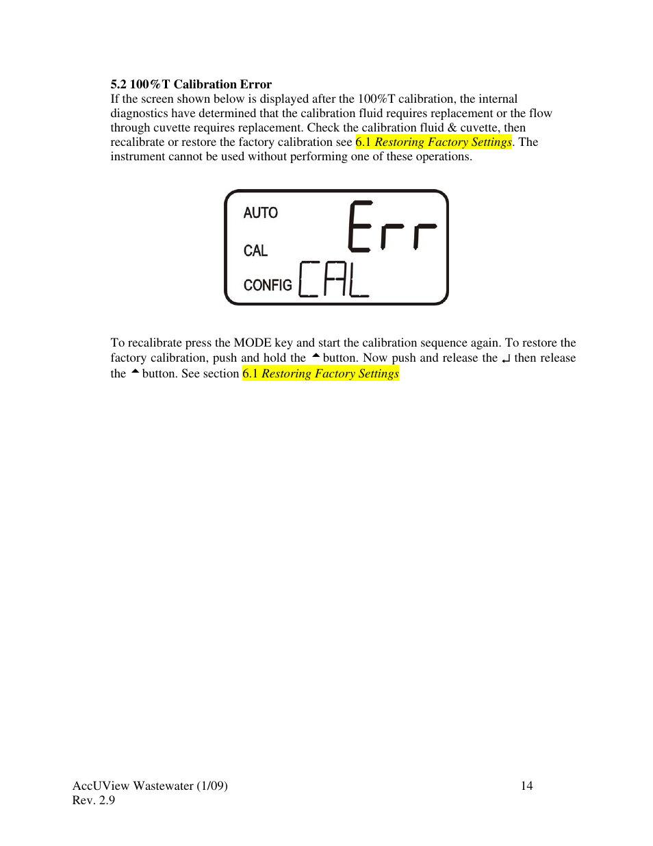 2 100% t calibration error | HF scientific AccUView Wastewater UV %Transmission Monitor User Manual | Page 20 / 39