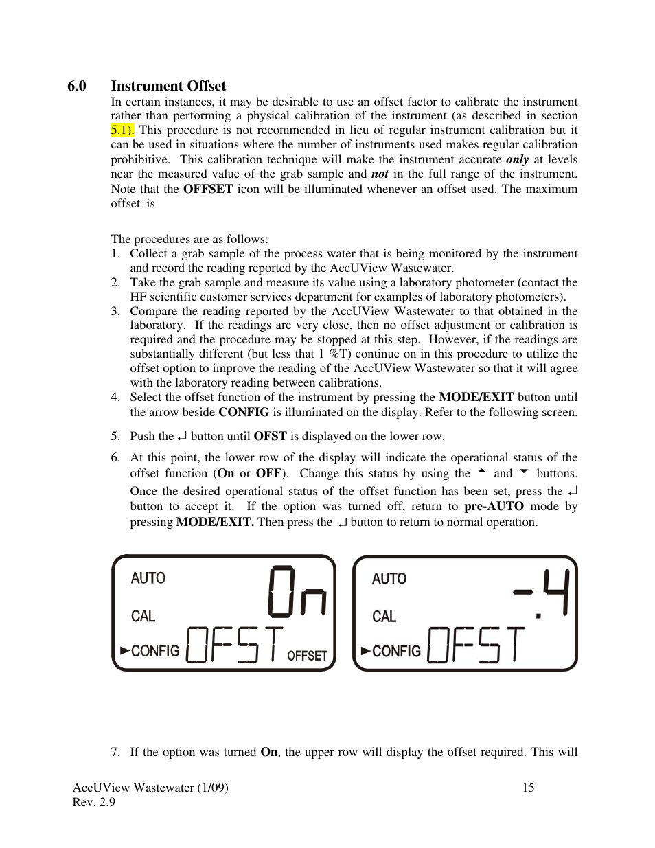 0 instrument offset | HF scientific AccUView Wastewater UV %Transmission Monitor User Manual | Page 21 / 39