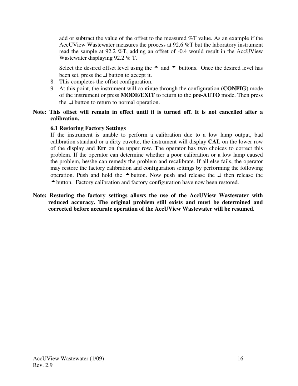 1 restoring factory settings | HF scientific AccUView Wastewater UV %Transmission Monitor User Manual | Page 22 / 39