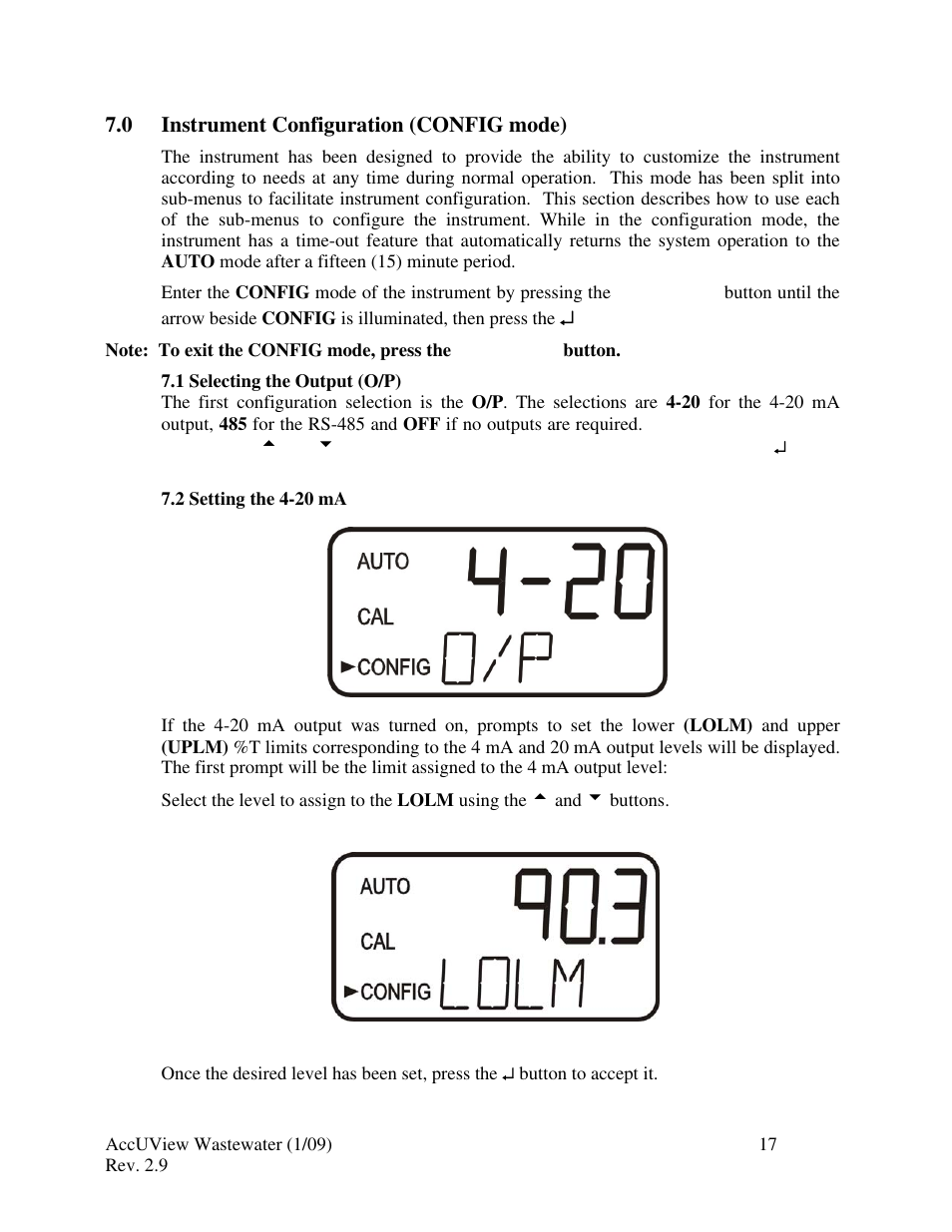 0 instrument configuration, 1 selecting the output, 2 setting the 4-20 ma | HF scientific AccUView Wastewater UV %Transmission Monitor User Manual | Page 23 / 39