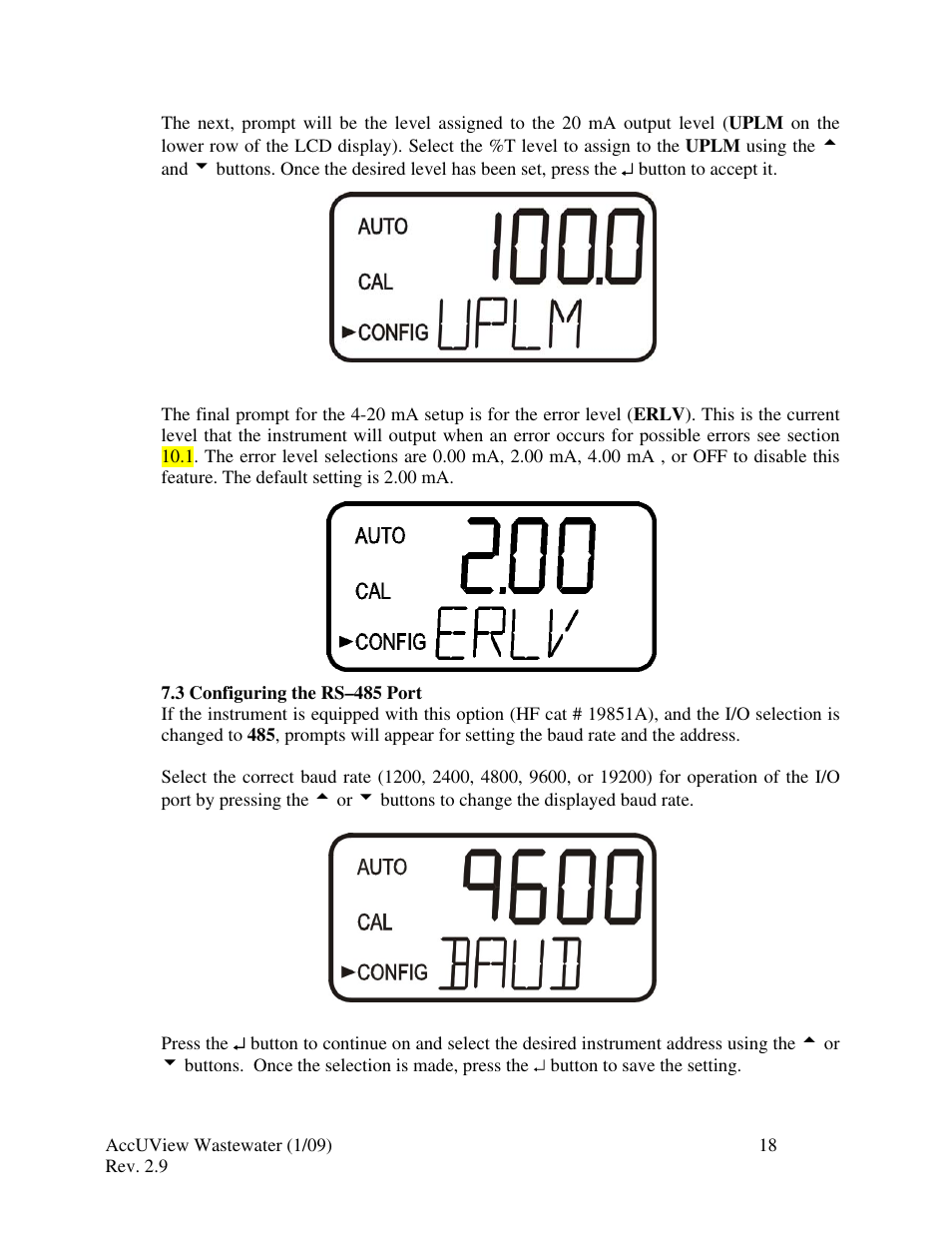 3 configuring the rs-485 port | HF scientific AccUView Wastewater UV %Transmission Monitor User Manual | Page 24 / 39