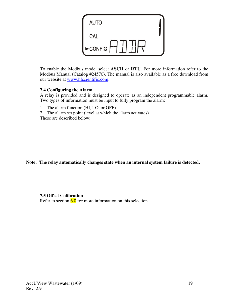 4 configuring the alarm, 5 offset calibration | HF scientific AccUView Wastewater UV %Transmission Monitor User Manual | Page 25 / 39