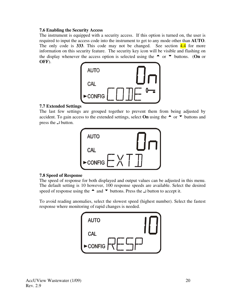 6 enabling the security access, 7 extended settings, 8 speed of response | HF scientific AccUView Wastewater UV %Transmission Monitor User Manual | Page 26 / 39