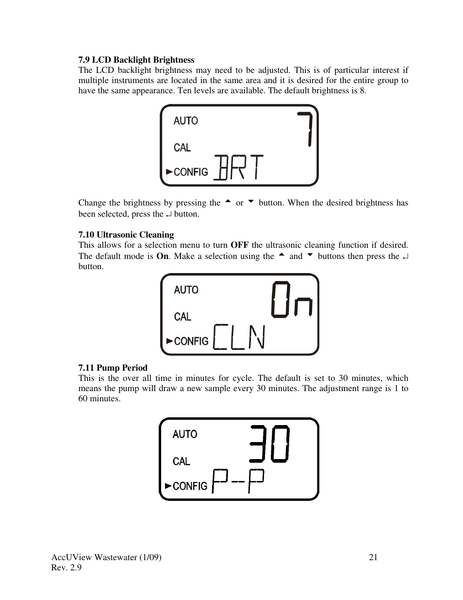 9 lcd backlight brightness, 10 ultrasonic cleaning, 11 pump period | HF scientific AccUView Wastewater UV %Transmission Monitor User Manual | Page 27 / 39