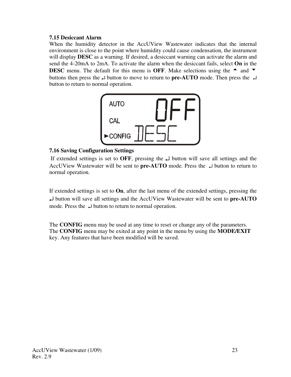 15 desiccant alarm, 16 saving configuration settings | HF scientific AccUView Wastewater UV %Transmission Monitor User Manual | Page 29 / 39