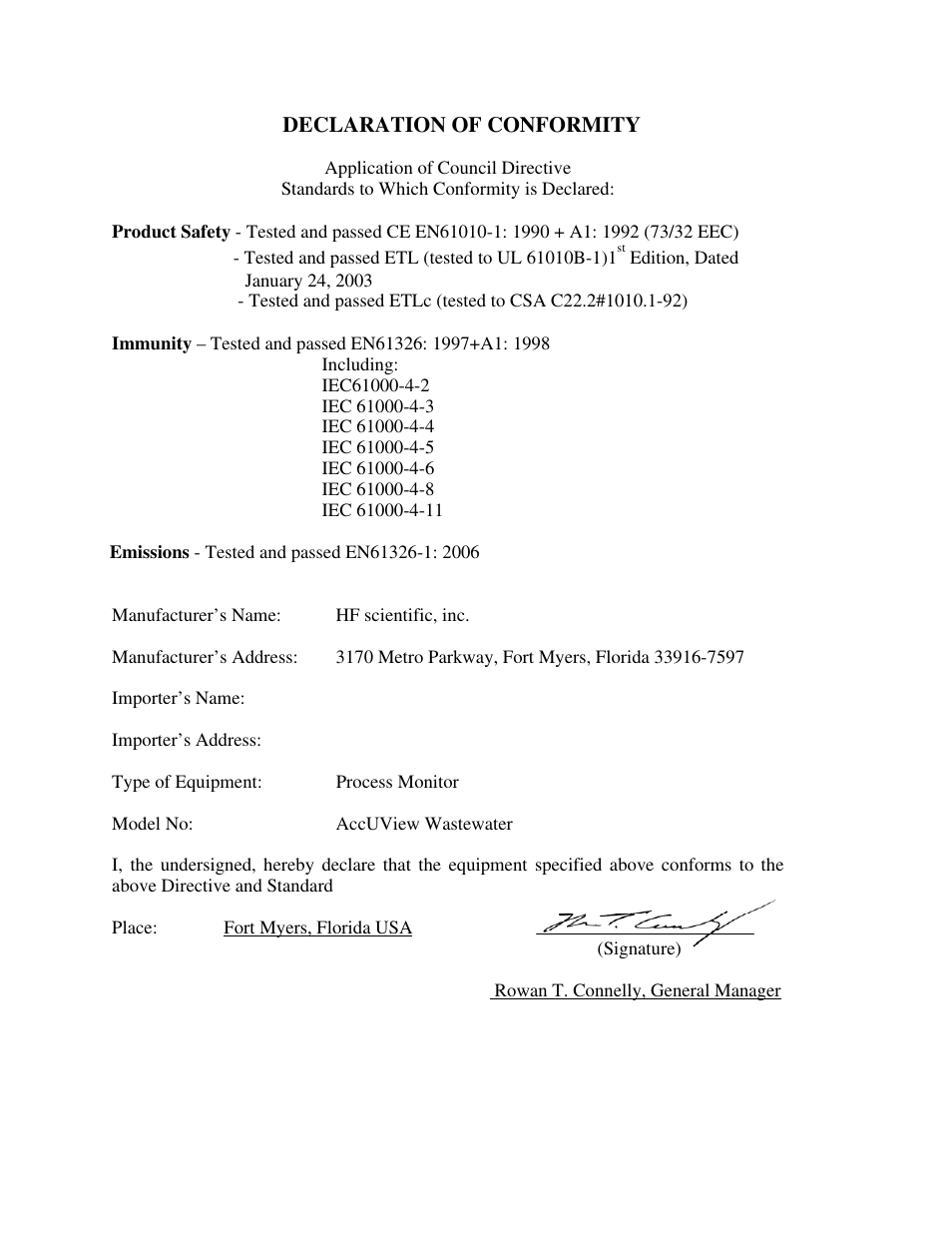 Declaration of conformity | HF scientific AccUView Wastewater UV %Transmission Monitor User Manual | Page 3 / 39
