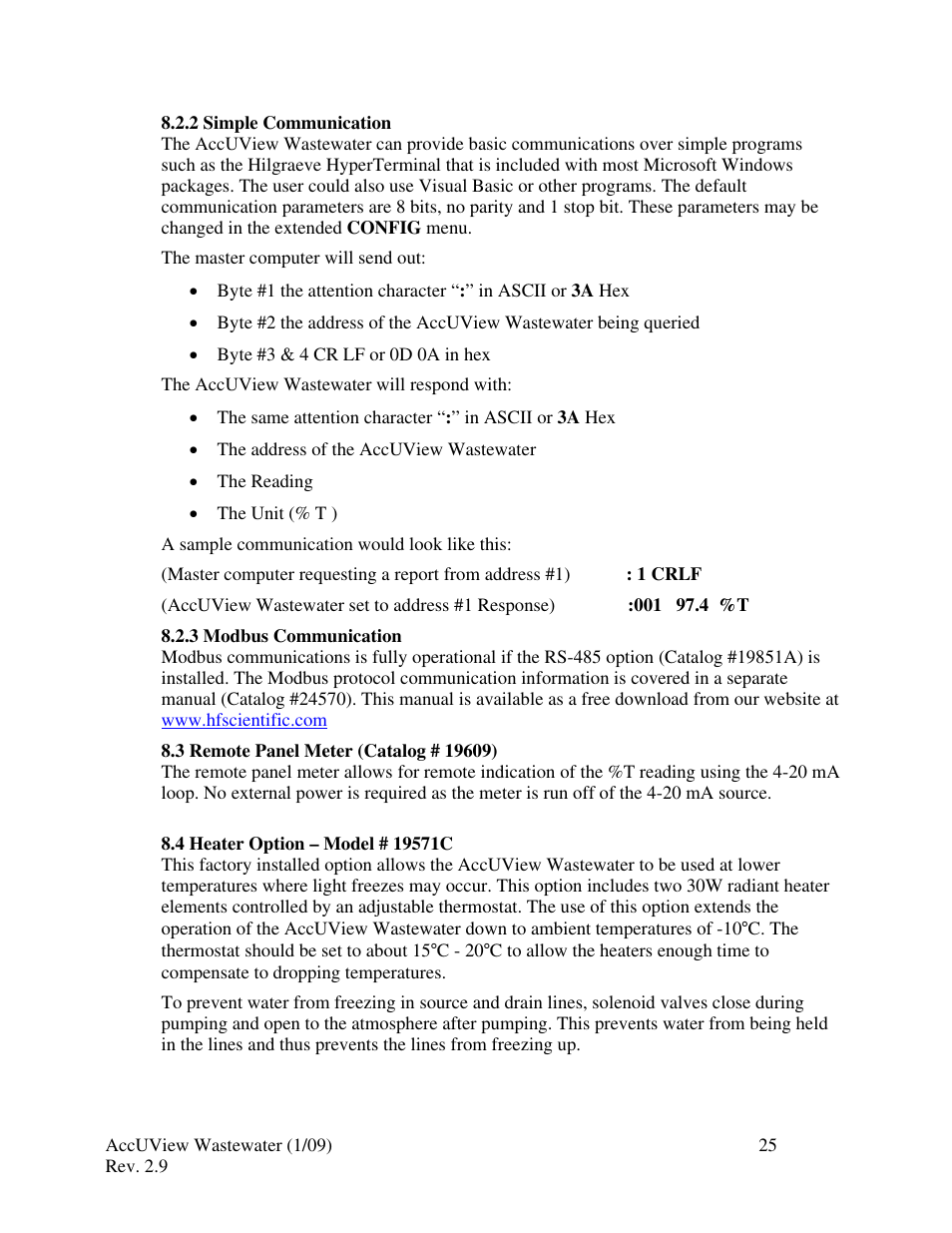 2 simple communication, 3 modbus communication, 3 remote panel meter | 4 heater option - model# 19571c | HF scientific AccUView Wastewater UV %Transmission Monitor User Manual | Page 31 / 39