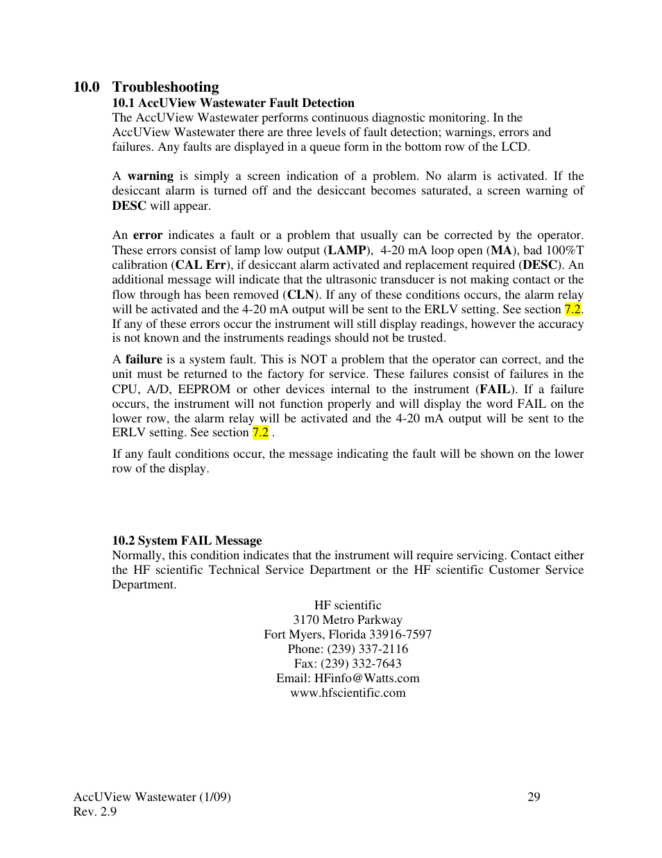 0 troubleshooting, 1 accuview wastewater fault detection, 2 system fail message | HF scientific AccUView Wastewater UV %Transmission Monitor User Manual | Page 35 / 39