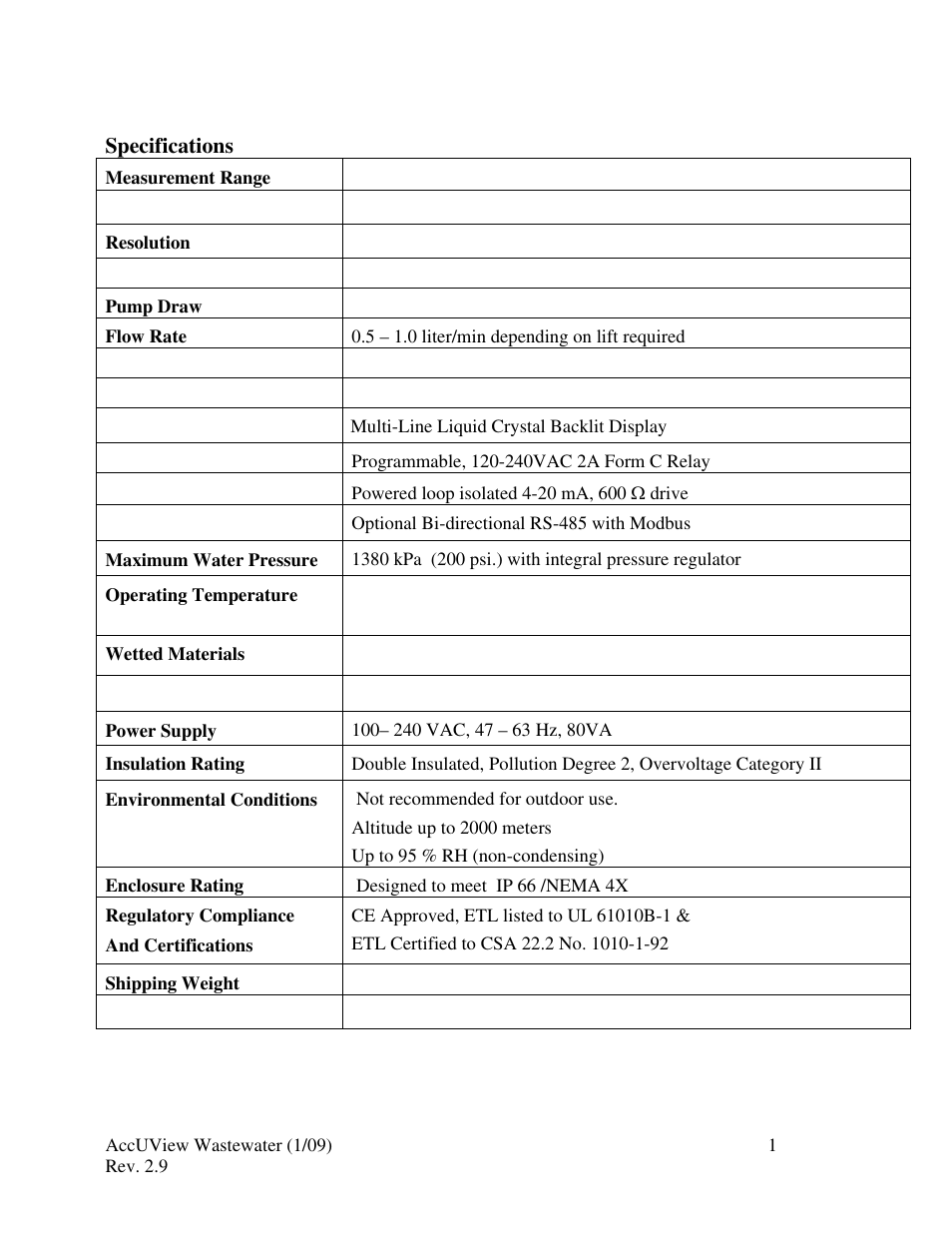 Specifications | HF scientific AccUView Wastewater UV %Transmission Monitor User Manual | Page 7 / 39