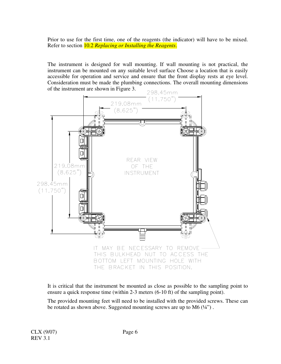 0 installation & commssioning, 1 mounting & site selection | HF scientific CLX Online Residual Chlorine Monitor (Old) User Manual | Page 12 / 37