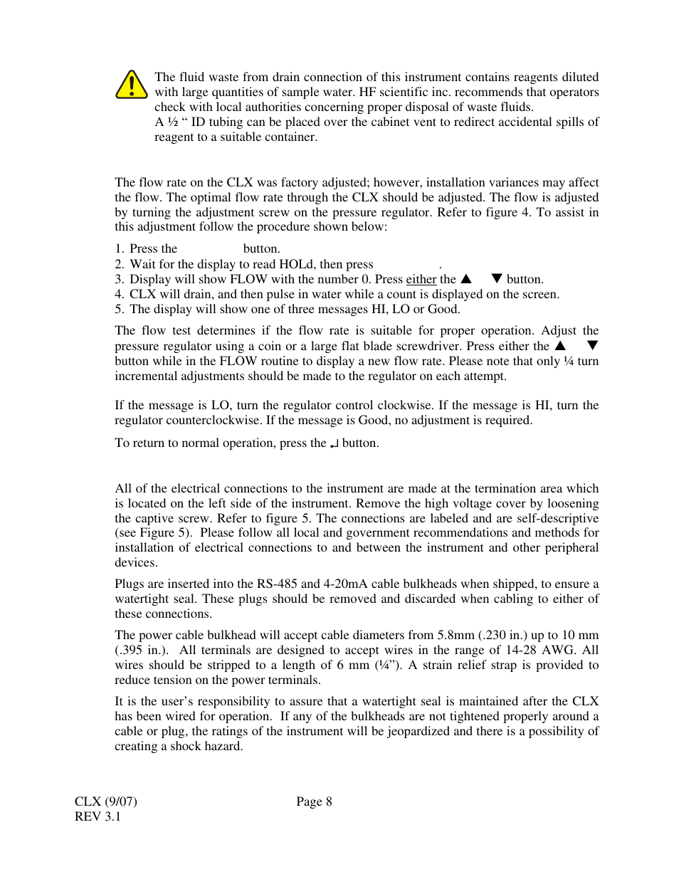 3 setting flow rate, 4 electrical connections | HF scientific CLX Online Residual Chlorine Monitor (Old) User Manual | Page 14 / 37