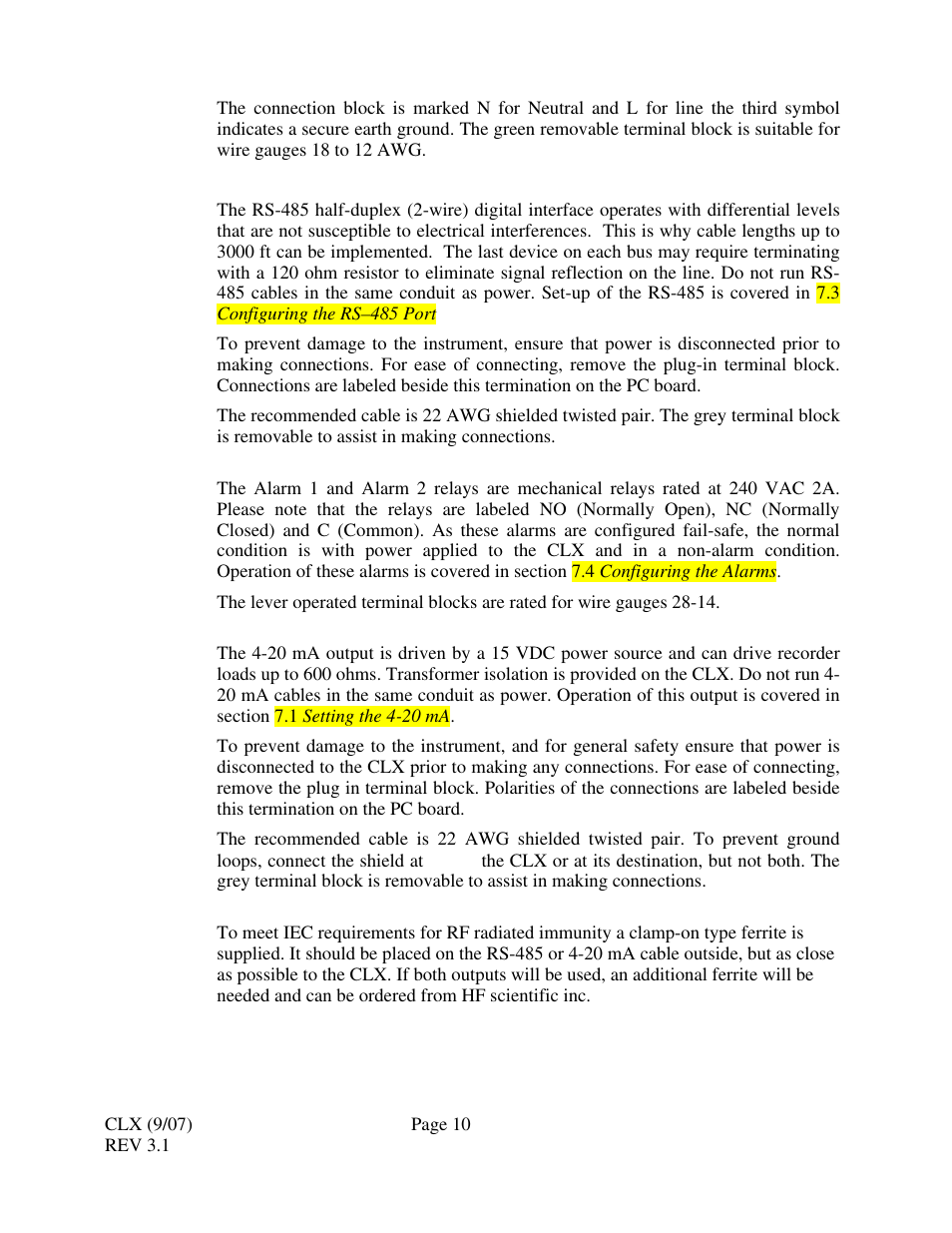 2 rs-485, 3 relays, 4 4-20 ma | 5 rs-485/4-20ma cable ferrite | HF scientific CLX Online Residual Chlorine Monitor (Old) User Manual | Page 16 / 37