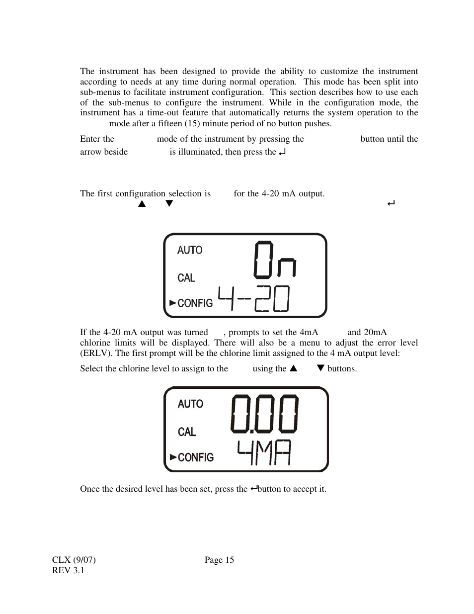 0 instrument configuration, 1 setting the 4-20ma output | HF scientific CLX Online Residual Chlorine Monitor (Old) User Manual | Page 21 / 37
