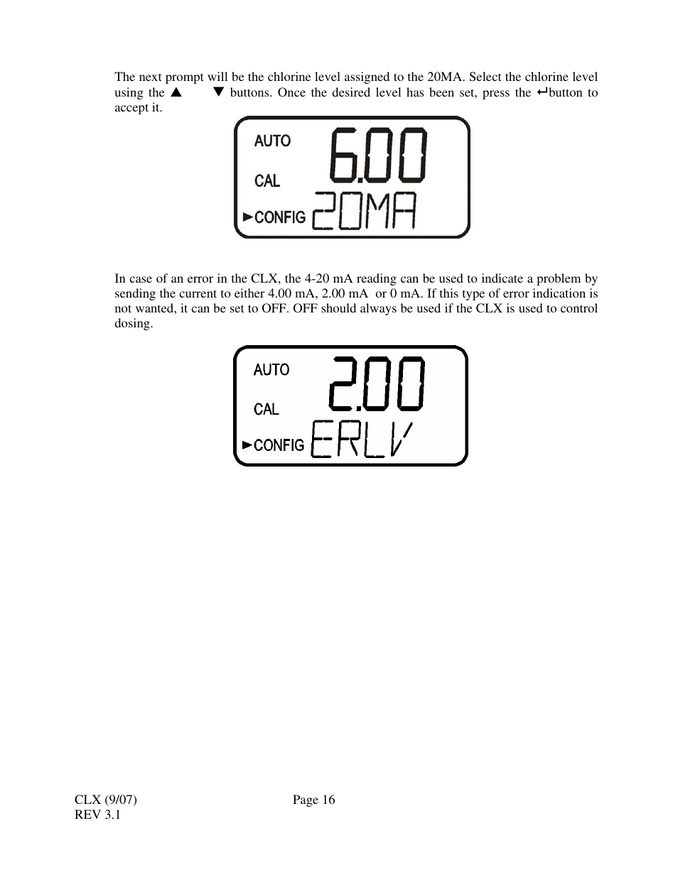 2 configuring the error level, 3 configuring the rs-485 port | HF scientific CLX Online Residual Chlorine Monitor (Old) User Manual | Page 22 / 37