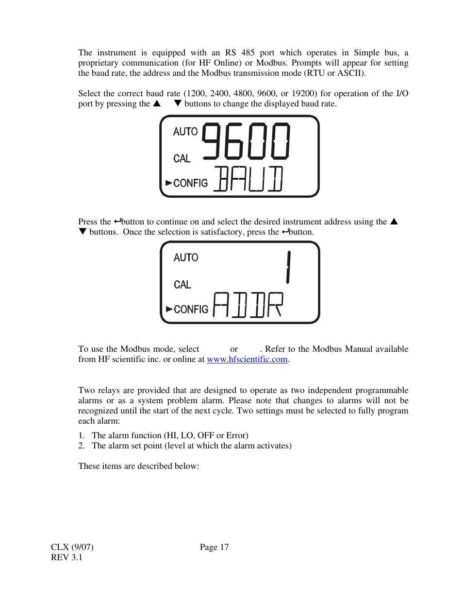 4 configuring the alarms | HF scientific CLX Online Residual Chlorine Monitor (Old) User Manual | Page 23 / 37