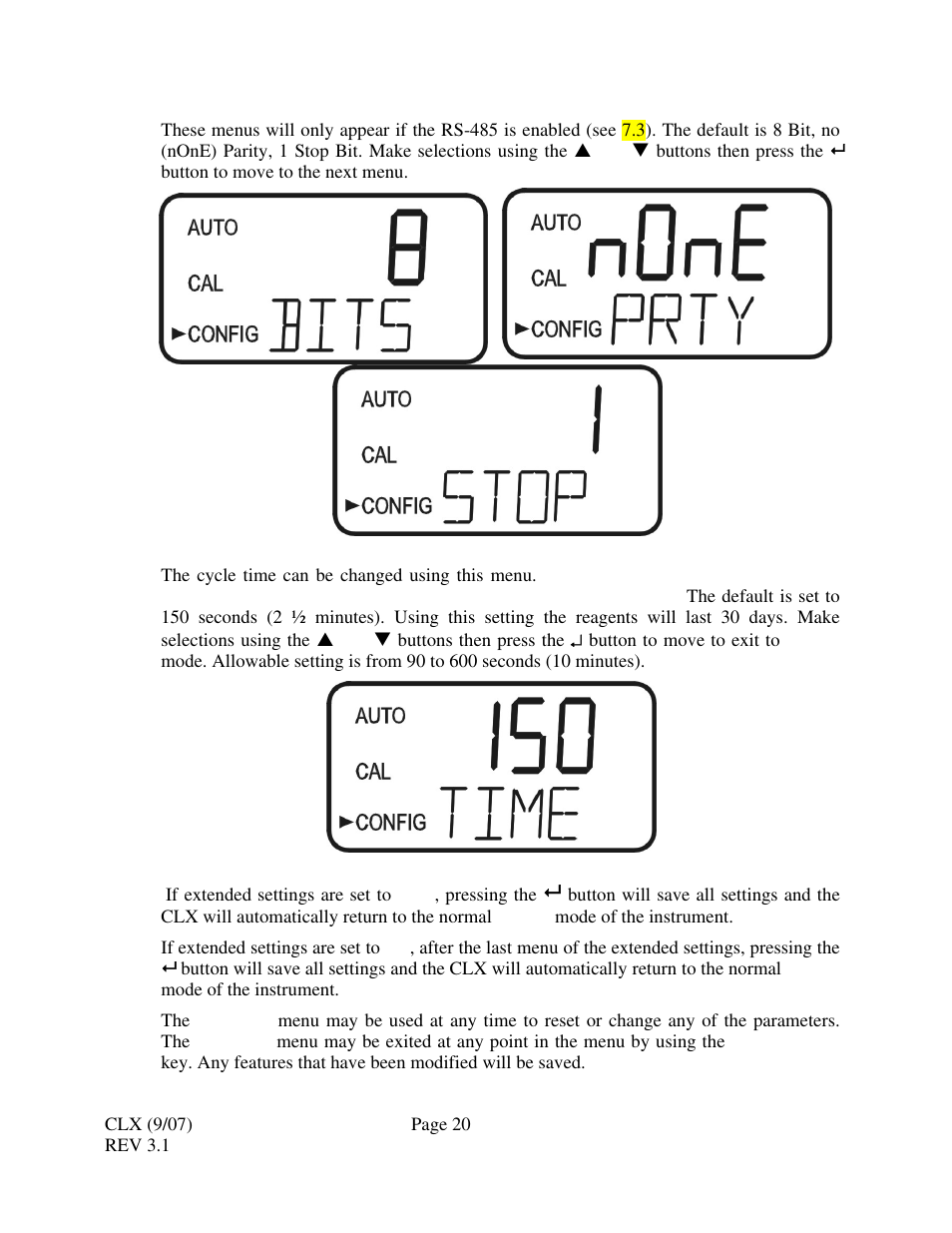 9 rs-485 parameters, 10 cycle time, 11 saving configuration settings | HF scientific CLX Online Residual Chlorine Monitor (Old) User Manual | Page 26 / 37