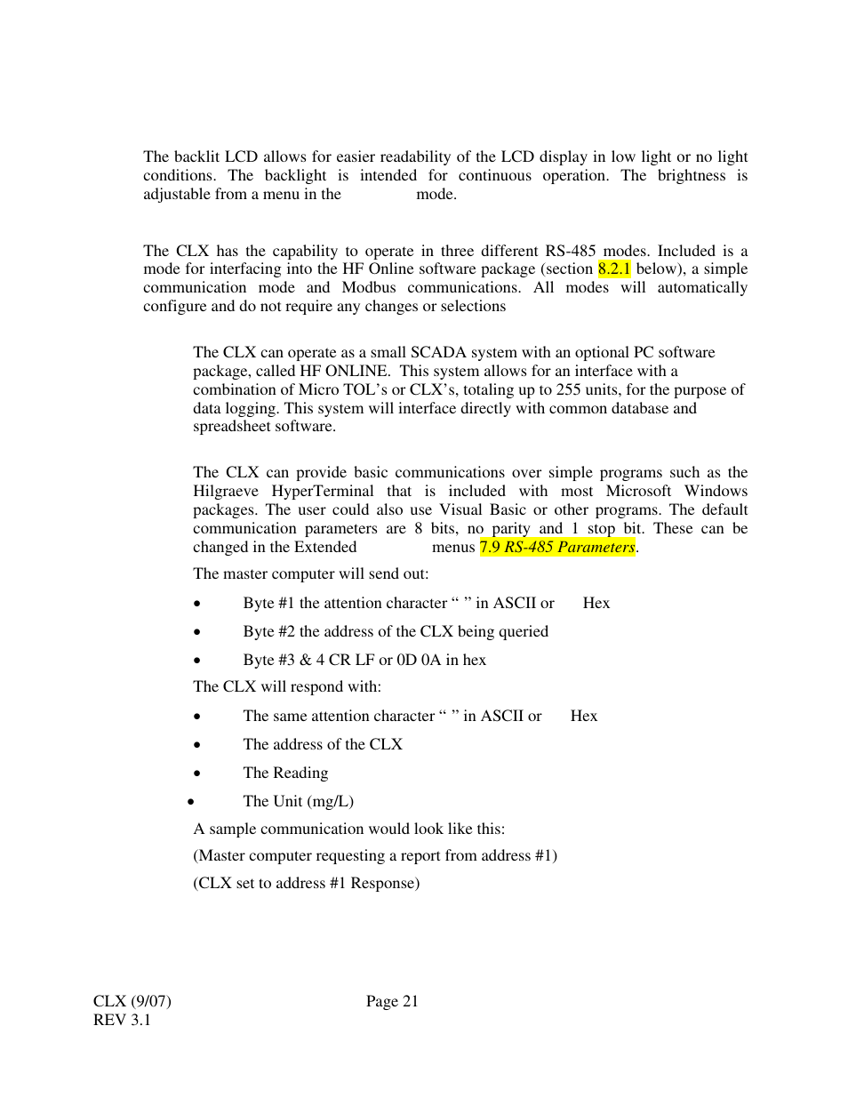 0 additional features & options, 1 backlit lcd, 2 rs-485 outputs | 1 hf online, 2 simple communication | HF scientific CLX Online Residual Chlorine Monitor (Old) User Manual | Page 27 / 37